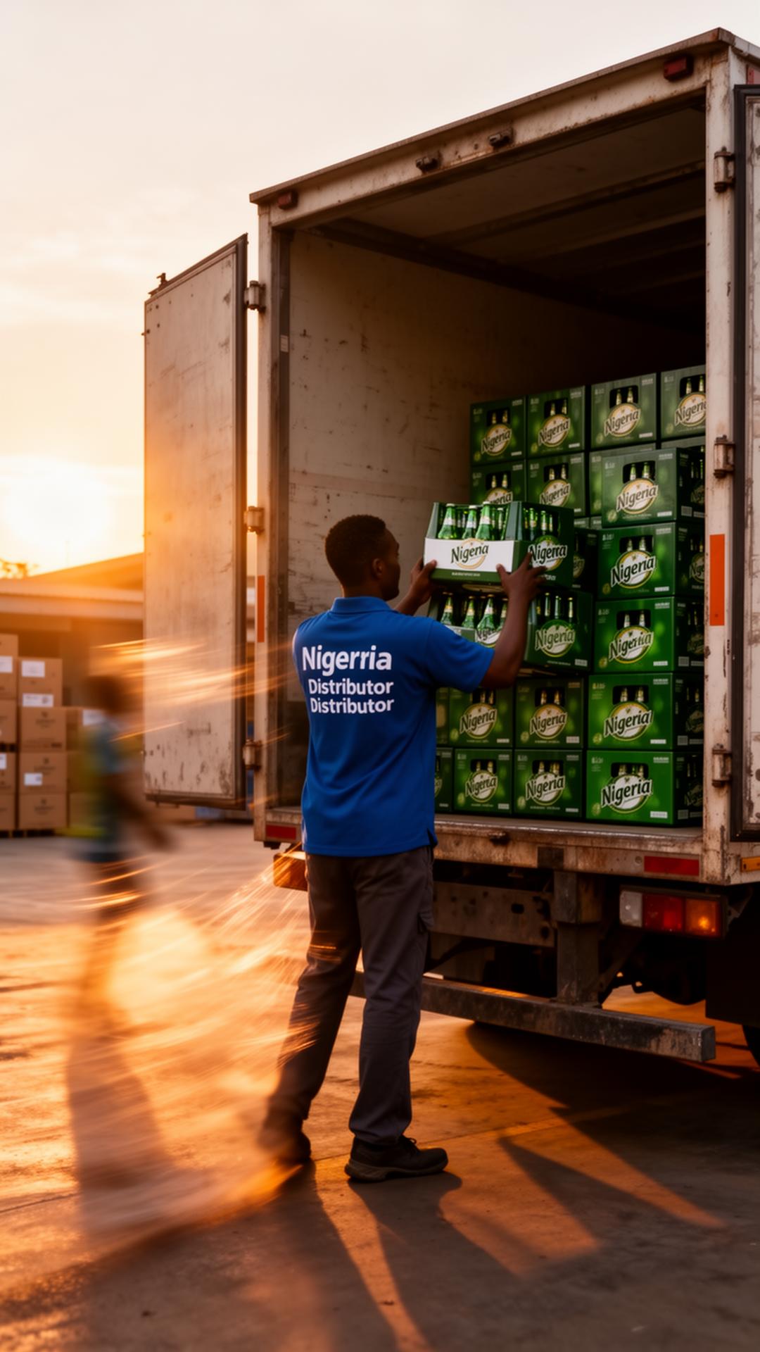 A.S. Yakubu & Sons depot worker loading Nigerian Breweries crates onto a delivery truck at sunrise